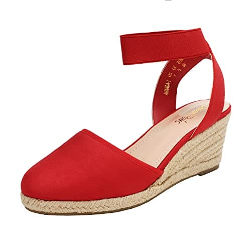 DREAM PAIRS Women's Elastic Ankle Strap Espadrilles Wedge Sandals,Size 5.5,Red,AMANDA-1