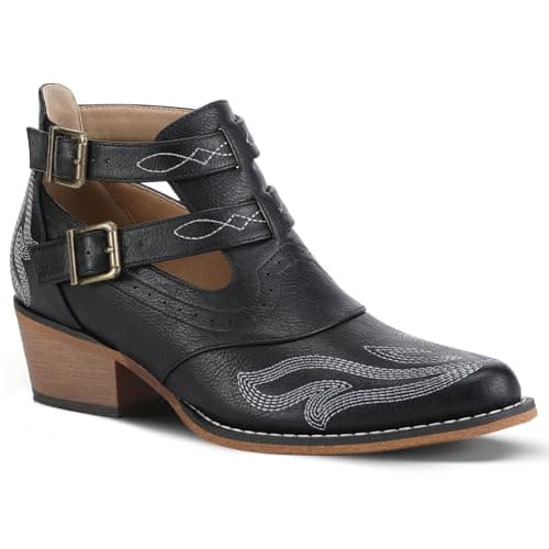 WOKOOT Ankle Cowboy Boots for Women Western Booties Embroidery Short Cowgirl Boots Chunky Heel Snip Toe Casual Fashion Lightweight, Black Size 8.5