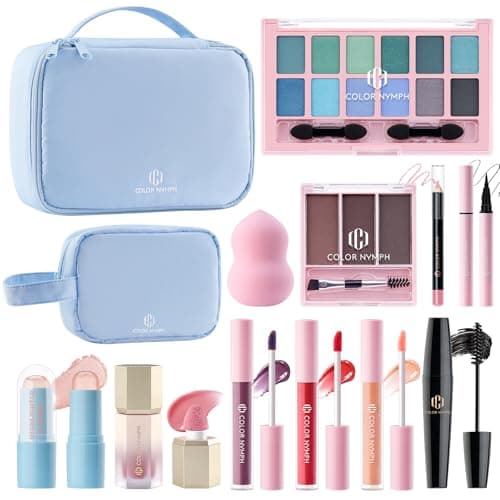 Color Nymph Teen Girl Makeup Kit with Travel Bag Makeup Set for Women, All In One Make Up Case Includes Eyeshadow Lipgloss Eyebrow Powder Highlighter Blush Mascara Eyeliner Lipliner & Puff - Blue