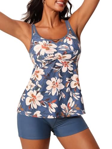 Summer Mae Womens Tankini Swimsuits 2025 Two Piece Bathing Suits Tummy Control Ruched Swim Suits with Shorts Swimwear Misty White Blossoms 14