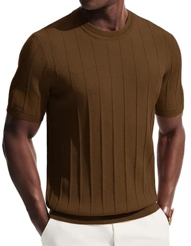 PJ PAUL JONES Shirts for Men Casual Short Sleeve Shirts Crewneck Knit T Shirt Slim Fit Soft Tee Shirts for Beach Wedding Party Brown 2XL