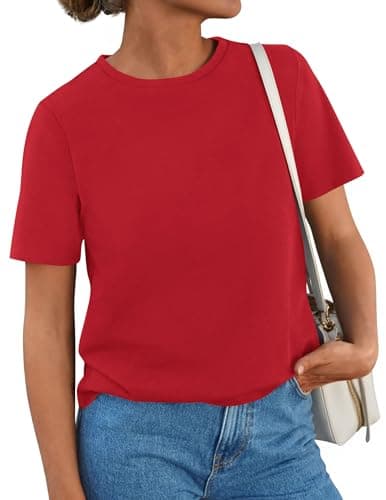 PRETTYGARDEN Womens Short Sleeve Tops Summer 2026 Casual Crewneck Cotton Basic Tee Shirts Fashion Clothing Spring Outfits(Red,Large)