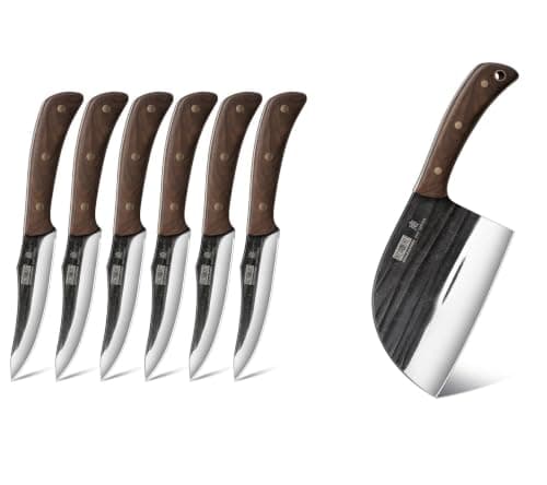 HOSHANHO Steak Knives Set of 6, Ultra Sharp 4.5 Inch Non Serrated Steak Knife Set & 6.5 Inch Serbian Chef Knife, High Carbon Steel Meat Cleaver Knife for Meat Cutting