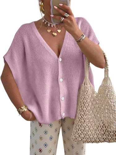 PRETTYGARDEN Womens Summer Fashion 2026 Lightweight Short Sleeve Cardigan Sweaters Button Up V Neck Oversized Sweater Tops (Pink Purple, Medium)
