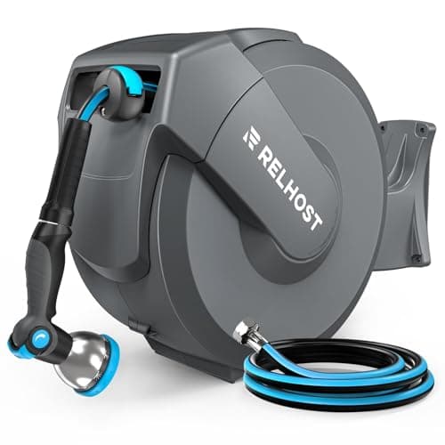 Relhost Retractable Garden Hose Reel, 1/2 in x 65 ft Wall Mount Heavy Duty Hose Reel with Any-Length Lock, Auto Rewind System, 180° Swivel Bracket, and 10-Pattern Nozzle for Garden, Dark Grey