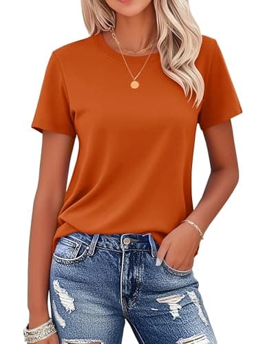 MAGCOMSEN Women's Short-Sleeve Shirts Classic-Fit Crew-Neck T-Shirt Breathable Cotton Casual Tee Shirt, Dark Orange, S
