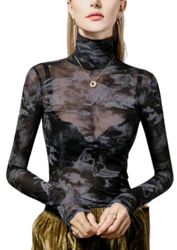 METWAY Black Sheer Top for Women Mesh Long Sleeve Top Lace Turtleneck See Through Undershirt Sexy Blouse Going OutParty Club Shirt (Bird, L)