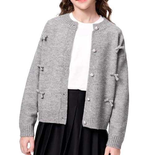 MIANZHI Girls Christmas Cardigan Long Sleeve Button Up Sweater Cute Bow Knitted Crop Outwear 5-14 Years Grey