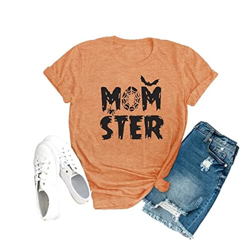 Momster T Shirt Women Funny Halloween Spider Bat Graphic Tee Casual Mom Ster Letter Print Short Sleeve Tops(Orange, Large)