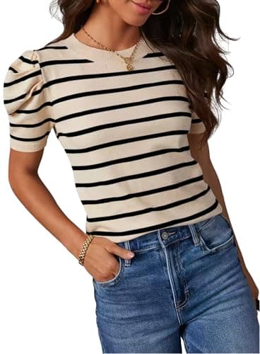 HAEOF Women's Striped Puff Short Sleeve Business Casual Tops Spring Summer Trendy Lightweight Sweater Work Shirts Blouses (Beige, M)