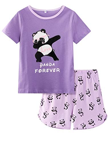 UNICABBIT21 Pajamas for Girls Summer Cotton Short Sleeve and Dot Short Pants PJS Set Big Kids Loungewear Size 6-16 (6, Purple)