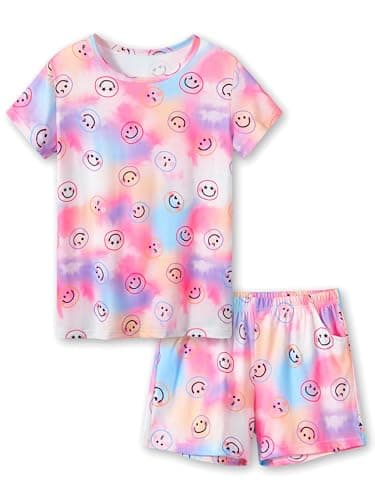 Beezizac Girls Pajamas Happy Face Tie Dye Short Sleeve and Shorts Size 18
