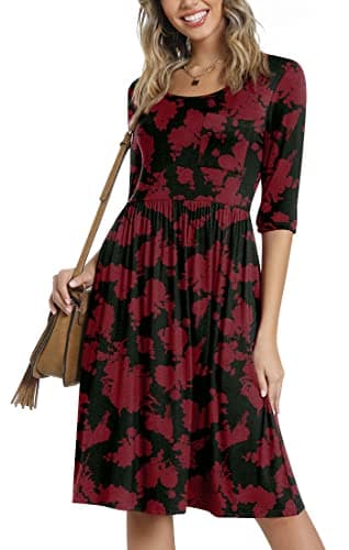 CATHY Women's 3/4 Sleeve 2026 Casual High Waist Round Neck Midi Dress with Pockets, 3XL, Red Flowers