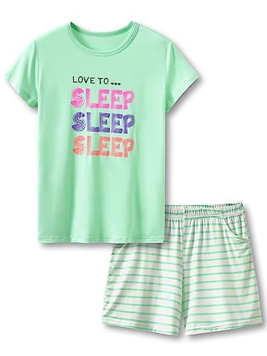 Tebbis Soft Modal Green Striped Pajamas for Girls Jersey Shirt & Shorts Set Jammies Big Kid Size 10