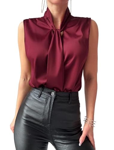 ZAFUL Women's Silk Satin Tank Tops Bow Tie Knot Mock Neck Casual Sleeveless Blouses Summer Basic Tanks Shirt Wine Red XL