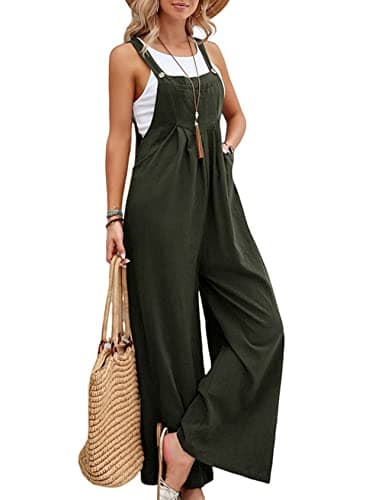 Flygo Womens Overalls Loose Fit Cotton Linen Bib Overall Wide Leg Jumpsuit Rompers with Pockets(Dark Green-L)