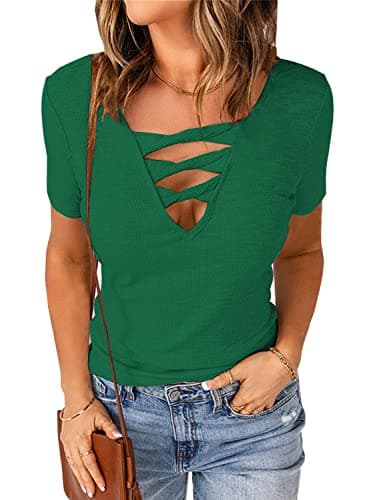 Womens Summer Green Sexy Low Cut Deep V Neck Short Sleeve Tops 2026 Trendy Spring Criss Cross Cleavage Plunge Concert Going Out Date Night Party Ribbed Knit T Shirts Fitted Blouses S
