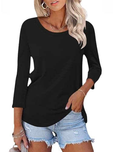 Poetsky Women's Round Neck 3/4 Sleeve T Shirts Solid Color Casual Basic Tops Loose Summer Tees Black S