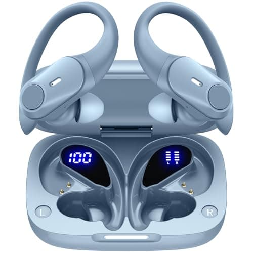 Active Noise Cancelling Ear Buds Wireless Earbuds 80H Playtime Bluetooth Headphones with LED Display Case, Hi-Res Audio Clear Calls Earphones with Over Ear Hooks for Running Gym Workout Sierra Blue