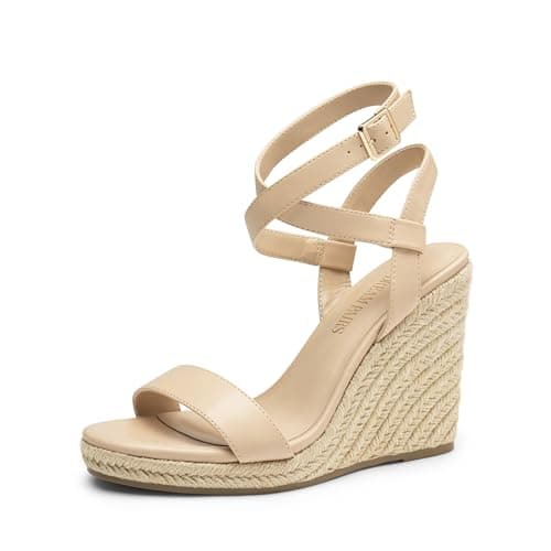 DREAM PAIRS Womens Open Toe Espadrilles Dressy Platform Sandals Buckle Ankle Strap Stylish Wedges Summer Dressy Sandals,Size 5,Nude-Pu,SDPW2211W