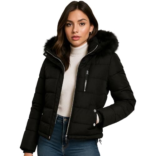 Steve Madden Womens Puffer Winter Coats - Cropped Wind & Water Resistant Insulated Quilted Jackets Winter with Faux Fur Coat, Size Large, Black