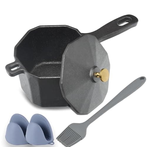 Small Cast Iron Sauce Pot with Lid – Pure Cast Iron Melting Pot for Butter Melting & BBQ Basting, Includes Silicone Brush for Grilling, Camping, Oven Use
