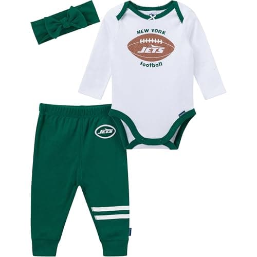 Gerber NFL Team Baby Girls' 3-Piece Onesie Bodysuit, Pants & Headband Set, Jets, 3-6 Months
