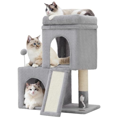 Woochpet 24inch Tall Cat Tree with 2 Cat Condo and Mouse Toy Cozy Small Cat Tower with Scratching Post and Board for Kitties and Small Cats.(Light Grey) (22 * 13 * 28)