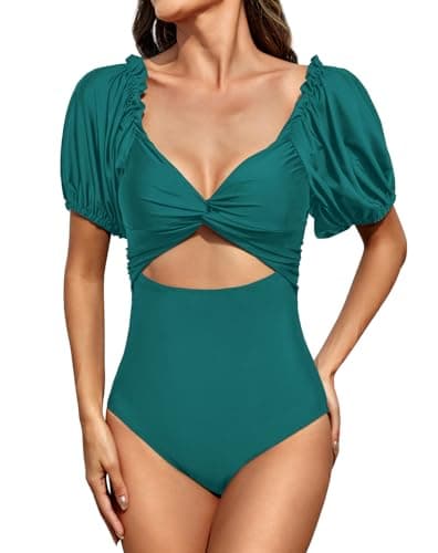 Upopby Women's Puff Sleeve One Piece Swimsuits for Women 2025 Cutout Monokini Swimsuits High Waisted Tummy Control Bathing Suits Blue S
