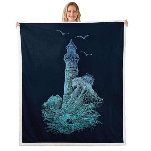 Nautical Lighthouse Fleece Blanket, Sea Wave Splash Spray Flying Birds Ocean Navigation Theme Hand Drawn Sherpa Blanket,Decorative Sofa Blanket Throw Lightweight, Throw 50"x60", Blue Black