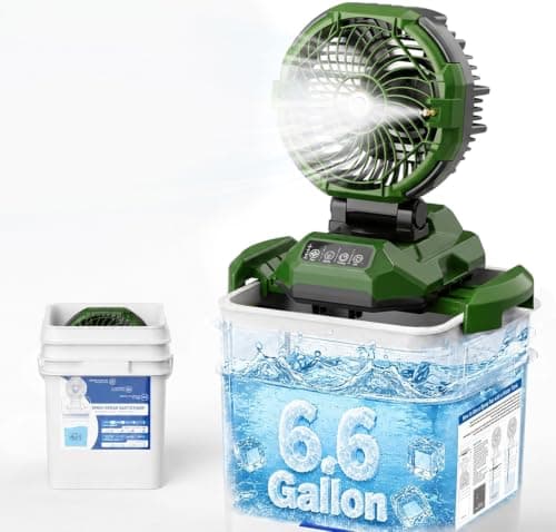 Lazenry Portable Misting Fan with 6.6 Gallon Bucket, 30000mAh Rechargeable Battery Powered Floor Cooling Fan with 4 Strong Winds & 4 Spray Mister, Outdoor Oscillation Fans for Camping/Patios/Beach