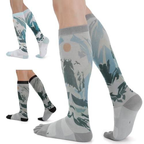 bysock Compression Toe Socks for Women and Men Knee High Five Finger Socks Best Support for Athletic Running Hiking Small 3Pairs(Black White Grey)