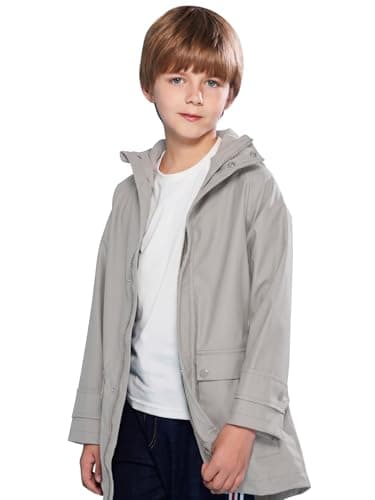 SOLOCOTE Kids Rain Jacket Hooded Lined Rubber RainCoats for Girls Boys Waterproof Windproof Beige Gray 7-8 Years
