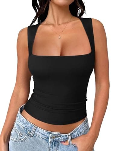 REORIA Women's Summer Tank Crop Tops 2025 Going Out Square Neck Basic Sleeveless Corset Double Lined Party Club Clothes Vacation Outfits Black X-Large