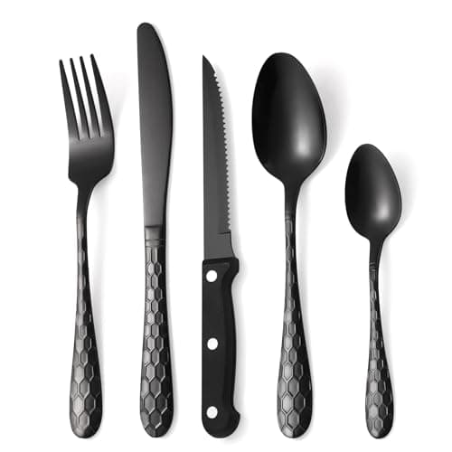 30 Pcs Black Hammered Silverware Set Service for 6,with Steak Knives Stainless Steel Flatware Set,Mirror Cutlery Utensil,Durable Kitchen Tableware,Ripple Teardrop Fork Knife Spoon,Dishwasher Safe