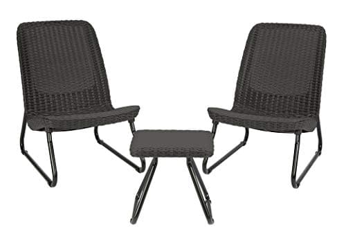 Keter Rio 3 Piece Resin Wicker Patio Furniture Set with Side Table and Outdoor Chairs for Front Porch and Backyard Decor, Dark Grey