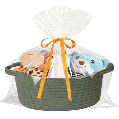 HOBASKET Small Woven Basket with Gift Bags and Ribbons Durable Cotton Rope Basket for Halloween Gifts Empty Storage Basket 12"X 8" X 5" Baby Toy Basket with Handles, Green