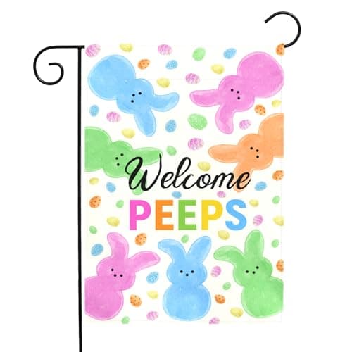 Dacawin Welcome Peeps Easter Garden Flag for Outdoor Spring Cute Bunny Egg Pattern Double Sided Yard Banner Holiday Welcome Rabbit Flags Waterproof Seasonal Home Hare Decor for Porch Lawn 12x18 Inch