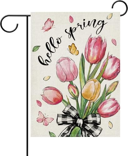 Dyrenson Hello Spring Tulip Flower Decorative Garden Flag, Watercolor Floral Butterfly Botanical Yard Outside Home Decoration, Checkered Bow Burlap Outdoor Small Decor Double Sided 12 x 18