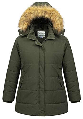 Chrisuno Women's Plus Size Winter Thicken Puffer Long Maternity Coat Warm Jacket with Fur Removable Hood Army Green 4X