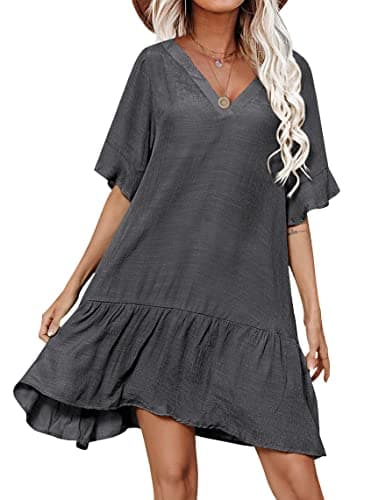 Aoulaydo Cover Ups for Swimwear Women Casual Loose Fitting Beach Dress V-Neck Bathing Suit Beachwear Dark Grey