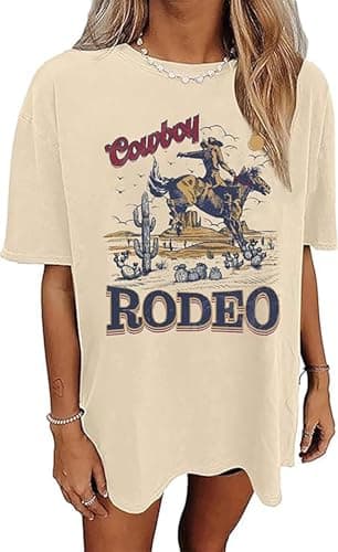 Wudlads Wild West Cowboy T Shirt Women Vintage Rodeo Shirts Cowboy Graphic Tee Oversized Country Music Short Sleeve Tops(Apricot-2,XX-Large)