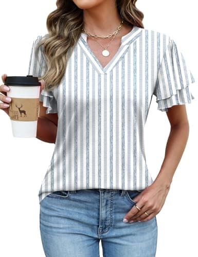 Rapbin Ladies Short Sleeve Tops V Neck T Shirts for Women Spring Tee Shirts for Women 2025 Blue Stripe M
