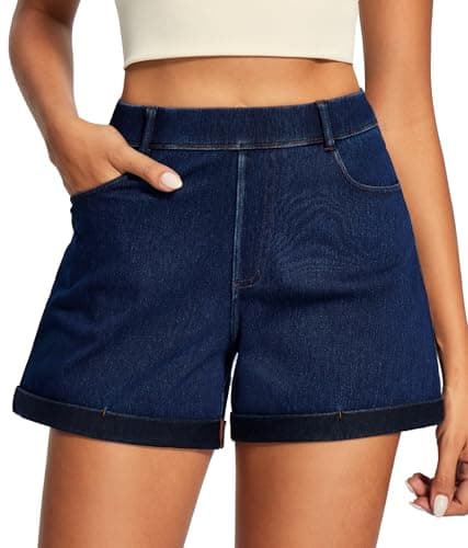IUGA Stretchy Baggy Jean Shorts Womens Pull On Denim Shorts Women High Waisted Tummy Control Jorts Summer Casual with Pocket(Dark Blue, S)