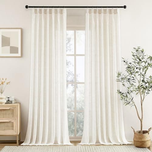HOMEIDEAS Natural Pinch Pleated Sheer Curtains, Light Filtering Linen Blend Semi Sheer Curtains with Hooks for Living Room Bedroom Dining Room Modern Farmhouse Boho Decor, 40" W x 84" L, 2 Panels Set