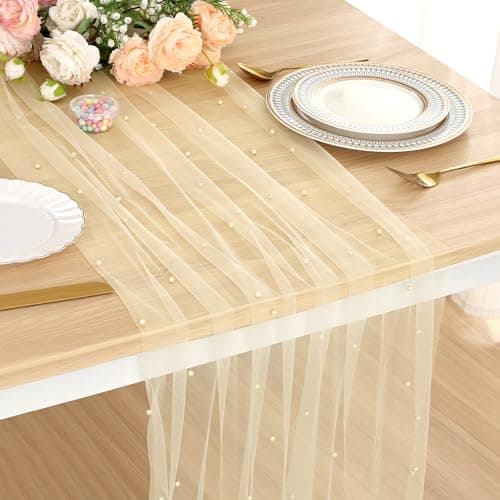 Mwellewm Champagne Gold Table Runner Pearl 120 Inch 10FT Wedding Table Decor Tulle Fabric Lace Dessert Dining Table Runner Veil Arch Bridal Shower Decorations Tablecloth Table Cover for Birthday Party
