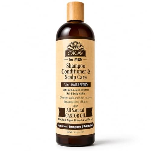OKAY-MEN 3 in 1 Shampoo and Conditioner - Castor Oil Shampoo and Conditioner, Beard Wash, Clarifying Treatment for Dry Damaged Hair, Dandruff, Curly Hair - 16 Fl Oz (Pack of 1)