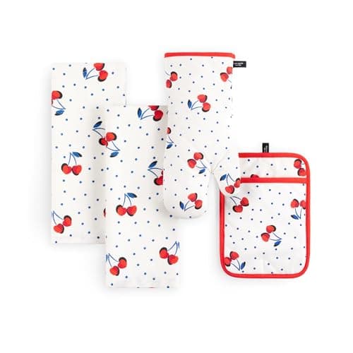 kate spade new york Cherry Dot Kitchen Towel, Oven Mitt & Pot Holder 4-Pack Set, 17" x 28", 7" x 13", 7" x 10", White/Red/Blue
