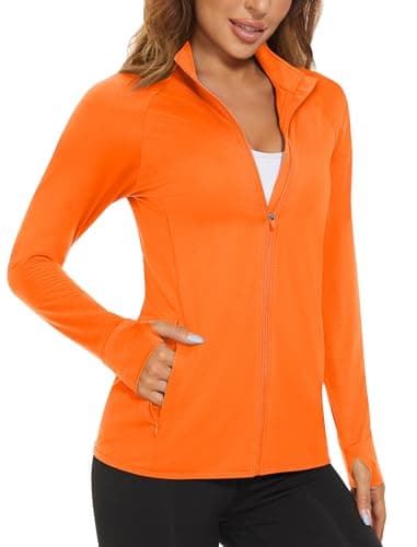 MAGCOMSEN Women's Long Sleeve Jackets Full Zip Lightweight UV Protection Hiking Shirts Athletic Jacket with Pockets Orange S