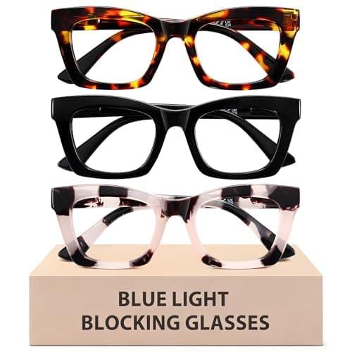 Reglaaly 3 Pack Blue Light Glasses for Woman, Fashion Computer Blue Light Blocking Glasses, Anti Eye Strain Square Eyeglasses, Glossy Black/Tortoise/Pink Leopard